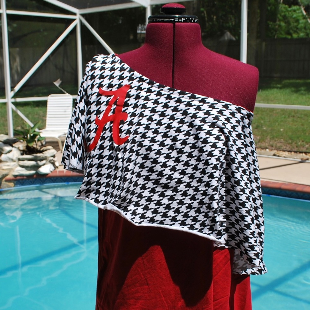 Alabama Crimson Tide Houndstooth One Shoulder Ruffle Shirt Top Upcycled M